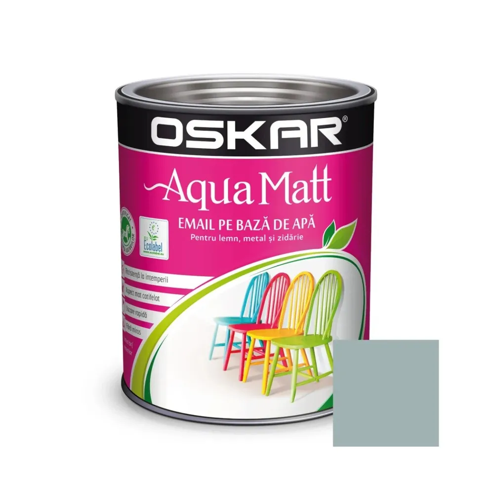 Vopsea pentru lemn / metal, Oskar Aqua Matt, interior / exterior, pe baza de apa, gri creativ, 0.6 L