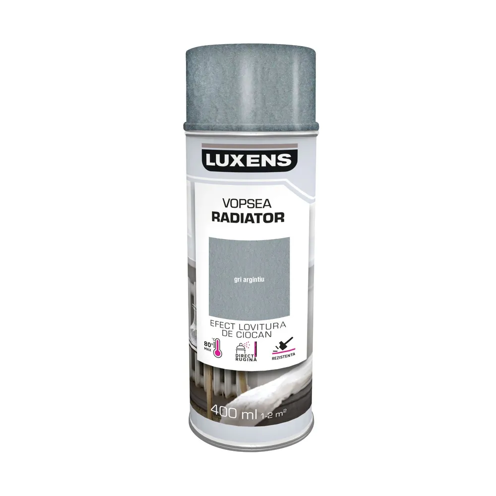 Vopsea spray Luxens, pentru radiator, gri argintiu, lovitura de ciocan, 400 ml