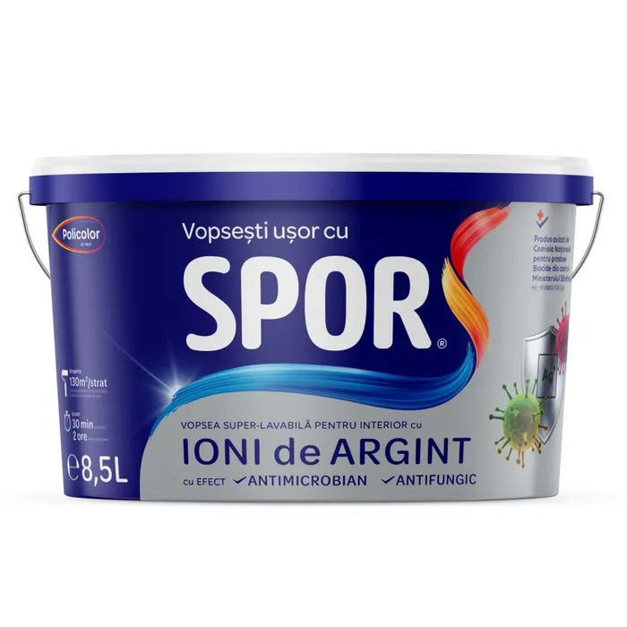 Vopsea superlavabila interior, Spor cu ioni de argint, alba 8.5 L